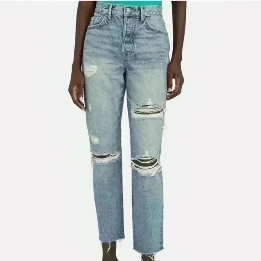 GRLFRND Womens Medium Wash High Rise Distressed Designer Straight Crop Jean 28